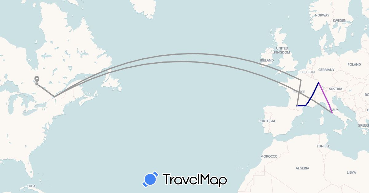 TravelMap itinerary: driving, plane, train in Canada, Germany, France, Italy (Europe, North America)